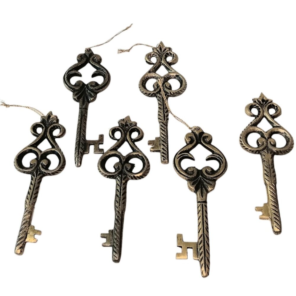 Large Skeleton Keys Ornaments Wall Decor Gold Bronze Colored 6" X 2" Set Of Six